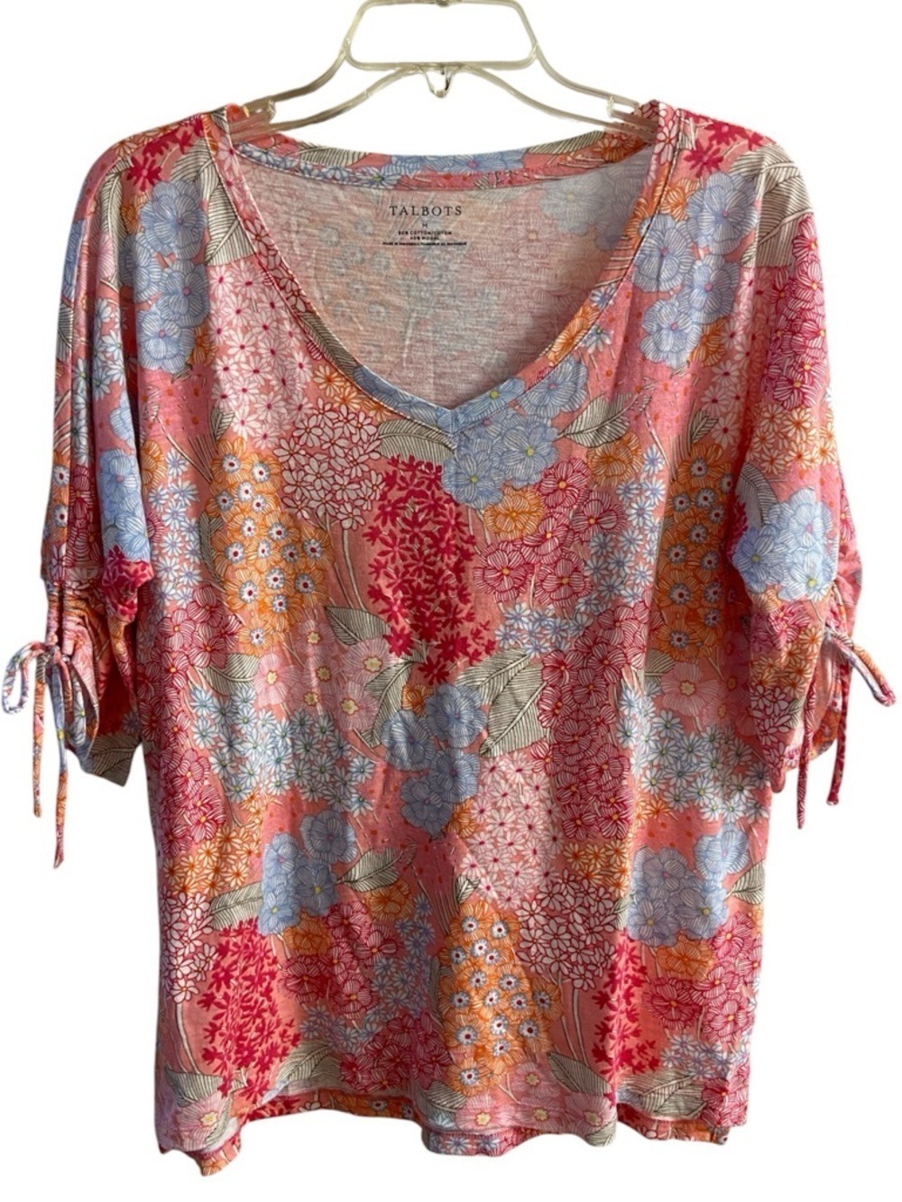 Talbots Pink Floral V-Neck Tie-Sleeve Women's Top Medium